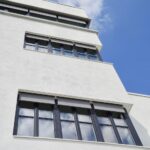 architecture, facade, building, window, modern, house, house facade, exterior view, cityscape, white, nature, blue, heaven, clouds
